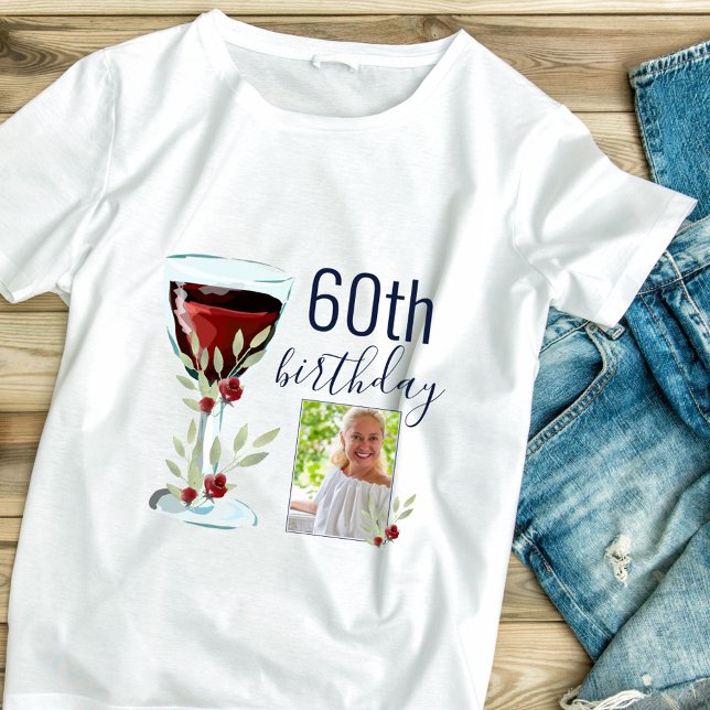 Red Wine Rose Watercolor Photo 60th Birthday  T-Shirt (Creator Uploaded)