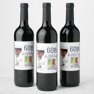 Red Wine Rose Watercolor Photo 60th Birthday  Wine Label