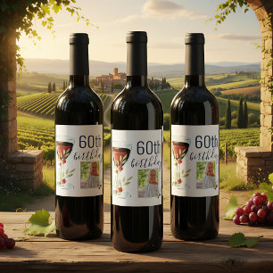 Red Wine Rose Watercolor Photo 60th Birthday  Wine Label
