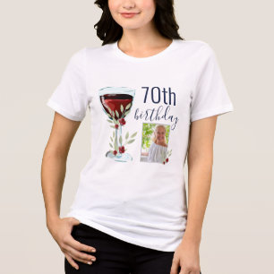 Red Wine Rose Watercolor Photo 70th Birthday  Tri-Blend Shirt