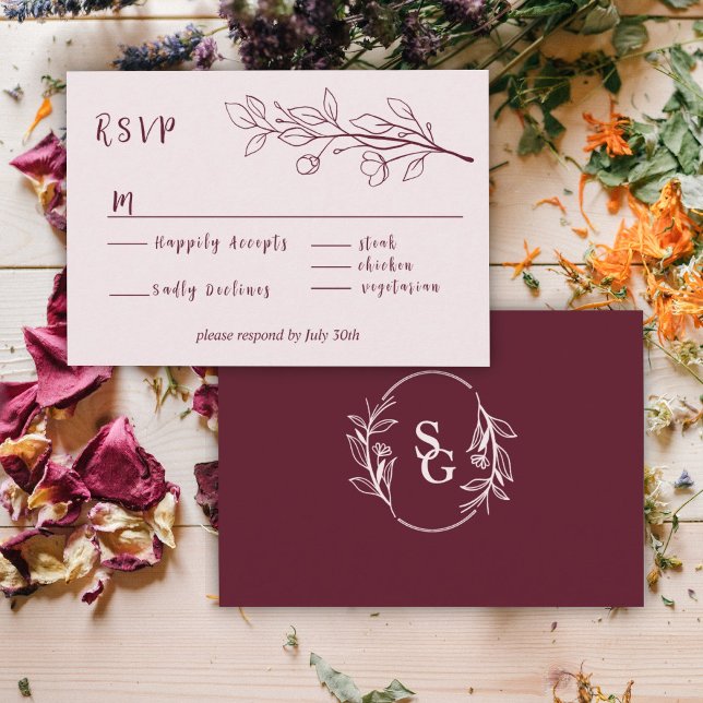 Red Wine Simple Boho Floral RSVP Enclosure Card (Creator Uploaded)