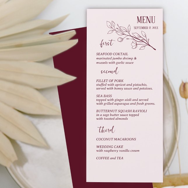 Red Wine Simple Boho Floral Wedding Menu (Creator Uploaded)