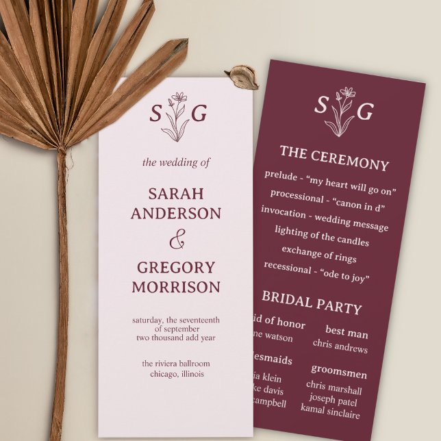 Red Wine Simple Boho Floral Wedding Program (Creator Uploaded)