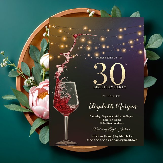 Red Wine String Lights 30th Birthday Party Invitation (Creator Uploaded)