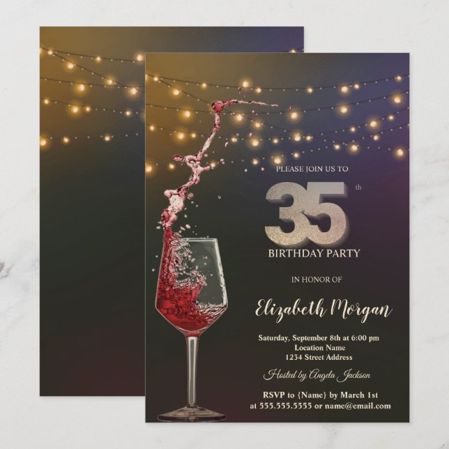 Red Wine String Lights 35th Birthday Party Invitation (Front/Back)