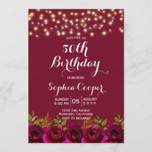 Red Wine String Lights 50th Birthday Party Invitation