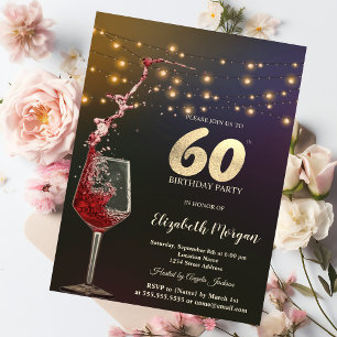 Red Wine String Lights 60th Birthday Party Invitation