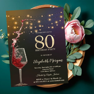 Red Wine String Lights 80th Birthday Party Invitation