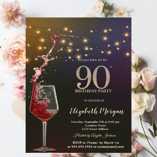 Red Wine String Lights 90th Birthday Party Invitation