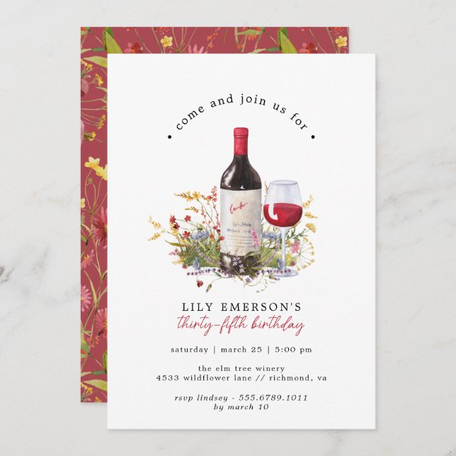 Red Wine Wildflowers | Cute Any Age Adult Birthday Invitation (Front/Back)