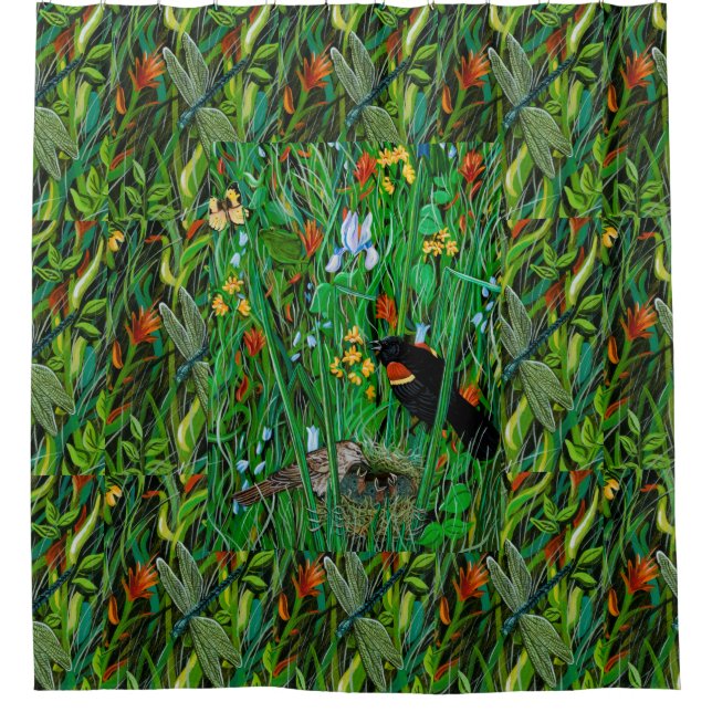 "Red Wing Blackbird & Dragonfly" Shower Curtain (Front)