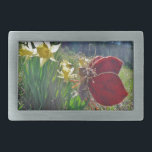 red wing fairy and daffodils belt buckle<br><div class="desc">Fairy and Photo By Artist Sandy Closs Fairy,  fairies,  pixie,  pixies, fantasy, flowers,  butterfly ,  butterflies,  red,  yellow,  purple, spring fairy-tale,  fairyland</div>