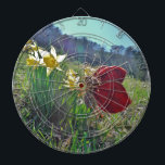 red wing fairy and daffodils dartboard<br><div class="desc">Fairy and Photo By Artist Sandy Closs Fairy,  fairies,  pixie,  pixies, fantasy, flowers,  butterfly ,  butterflies,  red,  yellow,  purple, spring fairy-tale,  fairyland</div>