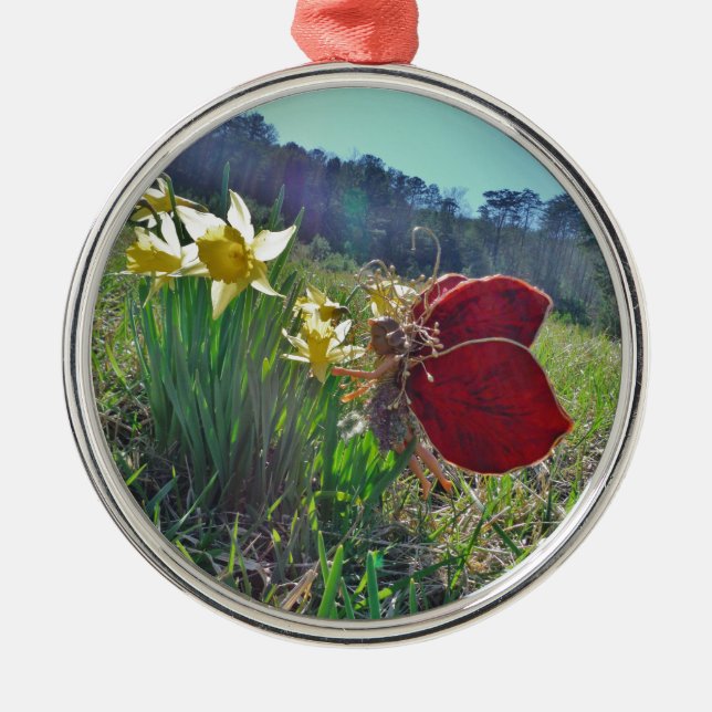 red wing fairy and daffodils metal tree decoration (Front)