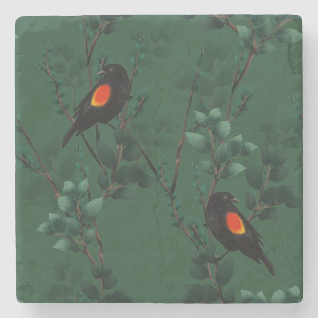Red-Winged Blackbird Pattern Stone Coaster (Front)