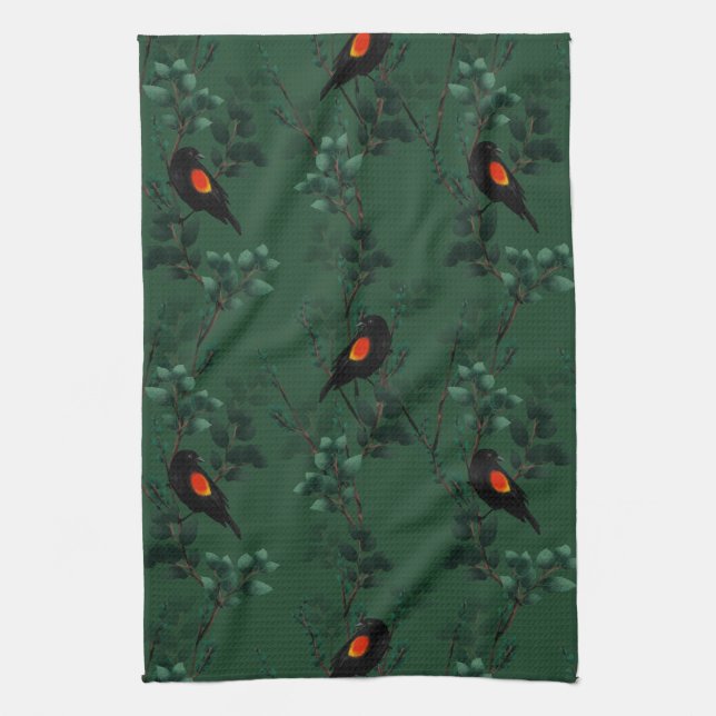 Red-Winged Blackbird Pattern Tea Towel (Vertical)
