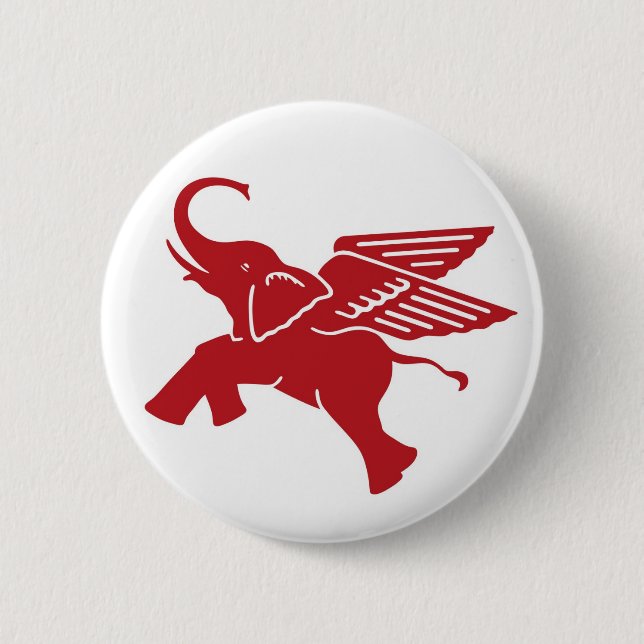 Red winged elephant 6 cm round badge (Front)