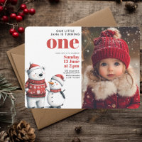 Red Winter Bear & Snowmen Photo Birthday