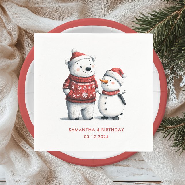 Red Winter Bear & Snowmen | Winter Wonderland Napkin (Creator Uploaded)