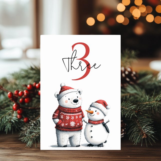 Red Winter Bear & Snowmen  | Winter Wonderland Table Number (Creator Uploaded)