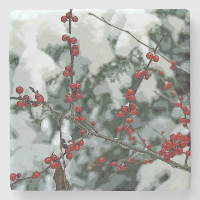 Red Winter Berries Christmas Holiday Stone Coaster (Front)
