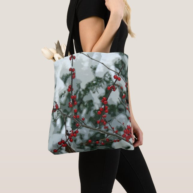 Red Winter Berries Christmas Holiday Tote Bag (Close Up)