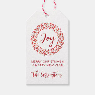 Red Winter Berries Wreath. Watercolor Christmas Gift Tags