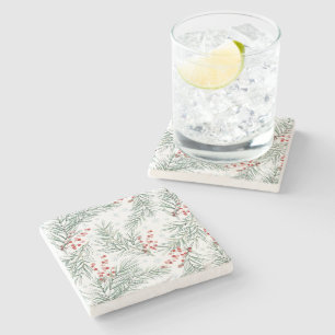 Red Winter Berry Botanical Christmas Stone Coaster