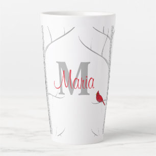 Red Winter Bird Woodland Tree Rustic Monogram Latte Mug
