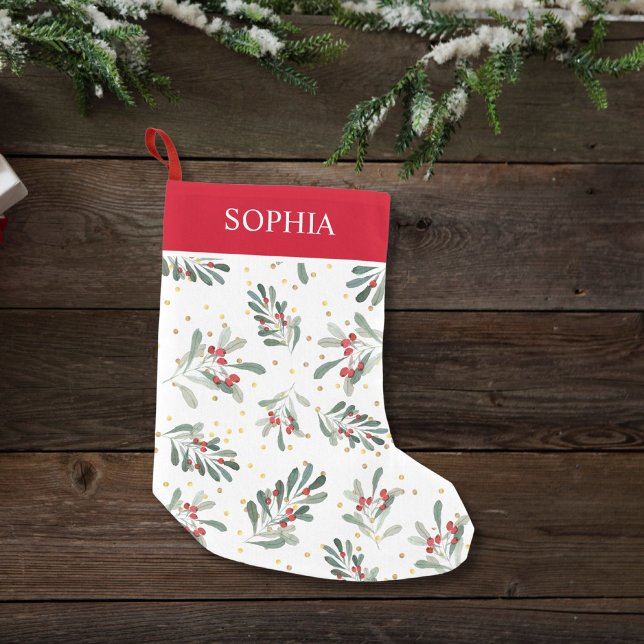 Red Winter Botanical Festive Gold Dots Custom Name Small Christmas Stocking (Creator Uploaded)