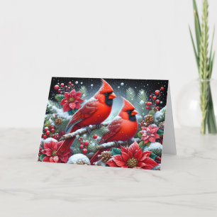 Red Winter Cardinal in Poinsettias Christmas Holiday Card