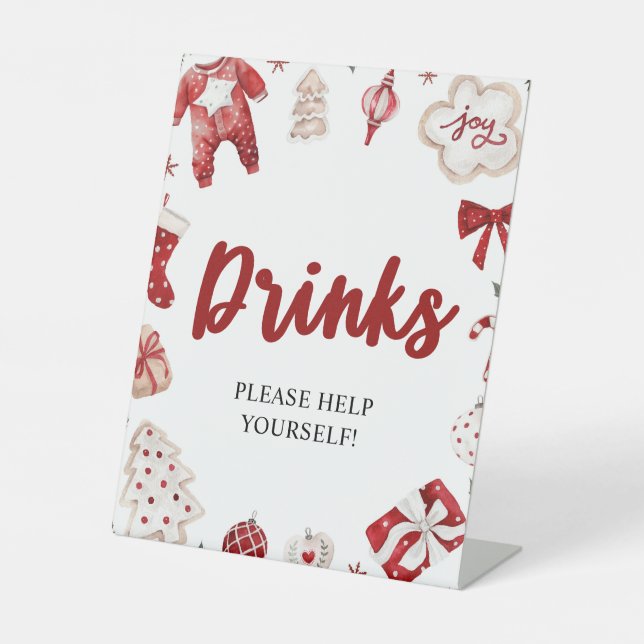 Red Winter Christmas Baby Shower Drinks Sign (Front)