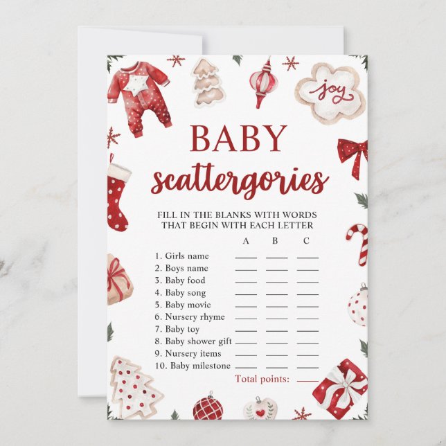 Red Winter Christmas Baby Shower Scattegories Game Invitation (Front)