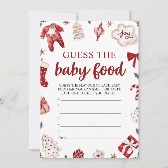 Red Winter Christmas Guess the Baby Food Game Invitation (Front)