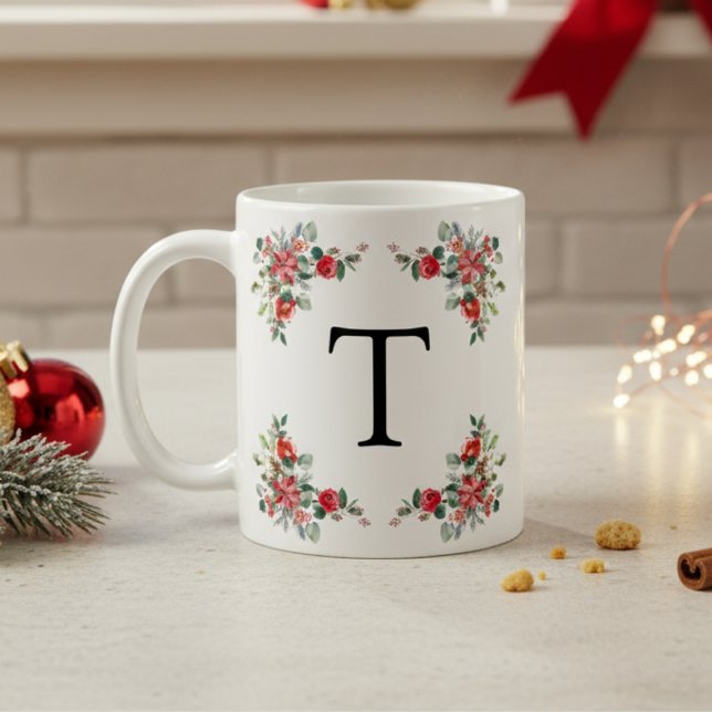 Red Winter Florals Monogram Coffee Mug (Creator Uploaded)