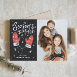 Red Winter Mittens Season's Greetings Photo Holiday Card<br><div class="desc">Season's Greetings | Send your holiday wishes to friends and family with this customisable holiday card. This photo Christmas card features modern calligraphy and red winter mittens. Personalise by adding your details. This photo holiday card is available in other colours and cardstock. Matching items are available.</div>