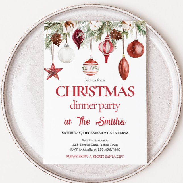 Red Winter Ornaments Dinner Christmas Party Invitation (Red Ornaments Dinner Christmas Party Invitation)