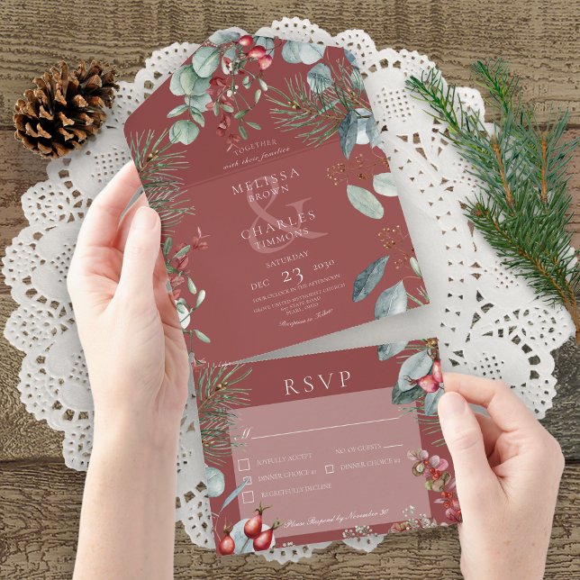Red Winter Pine Berries Eucalyptus Dinner All In One Invitation (Creator Uploaded)