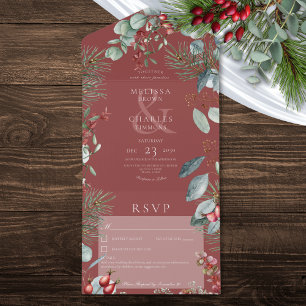 Red Winter Pine Berries Eucalyptus No Dinner All In One Invitation