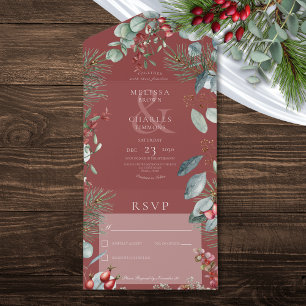 Red Winter Pine Berries Eucalyptus No Dinner All In One Invitation