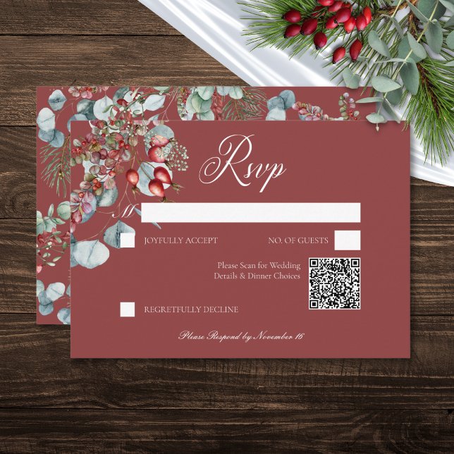 Red Winter Pine Berries Eucalyptus Wedding RSVP Card (Red Winter Pine Berries Eucalyptus Wedding RSVP QR Code Card)