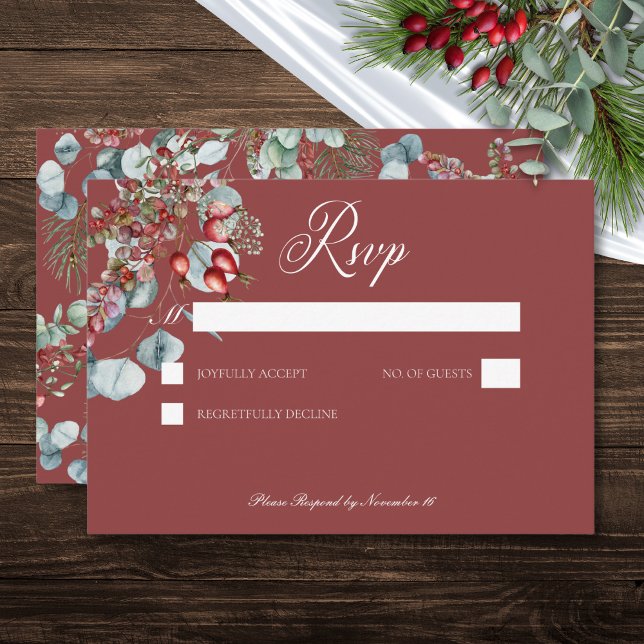 Red Winter Pine Berries Eucalyptus Wedding RSVP Card (Red Winter Pine Berries Eucalyptus Wedding RSVP Card)