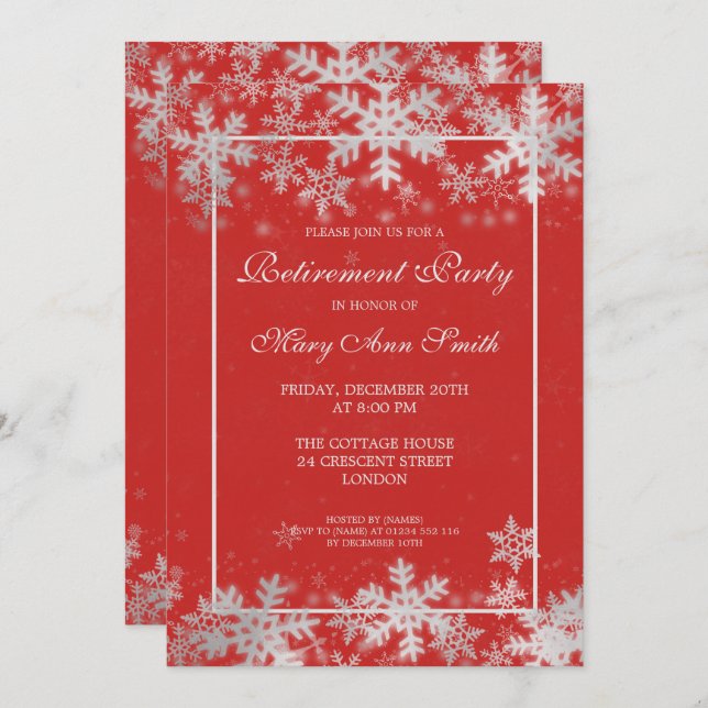 Red Winter Retirement Party Silver Snowflakes Invitation (Front/Back)