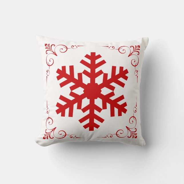 Red Winter Snowflake with Festive Scroll Christmas Cushion (Front)