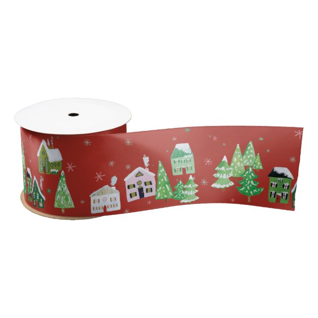 Red Winter Village Scene Christmas Satin Ribbon (Spool)