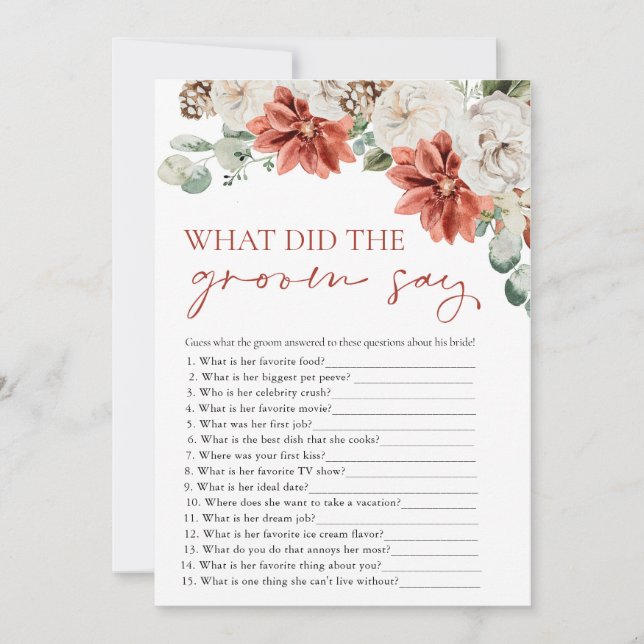 Red Winter What Did Groom Say Bridal Shower Game Invitation (Front)