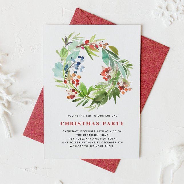 Red Winterberry and Juniper Wreath Christmas Party Invitation (Creator Uploaded)