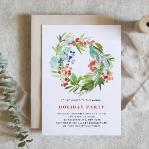Red Winterberry and Juniper Wreath Holiday Party Invitation