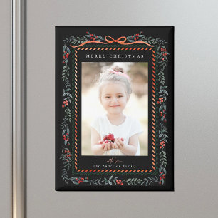 Red Winterberry Frame Black Christmas Photo Magnet