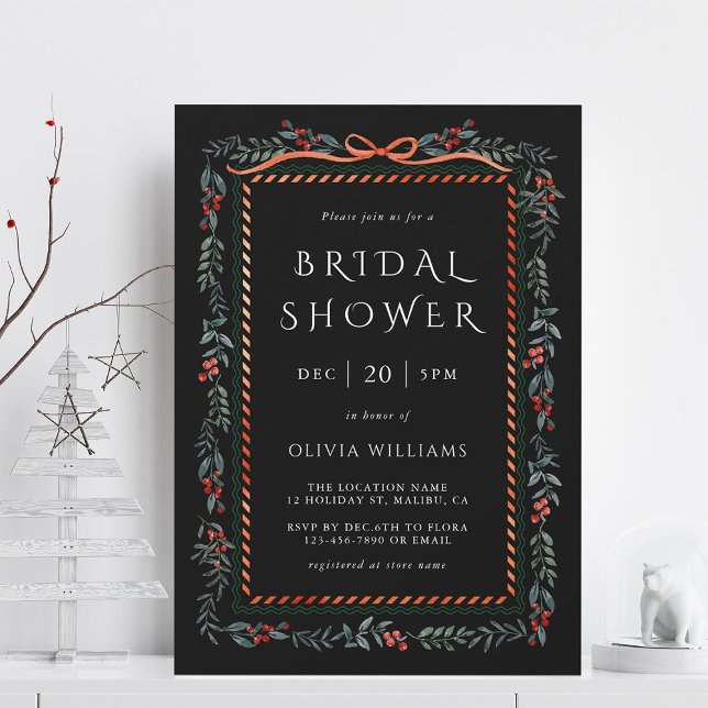 Red Winterberry Frame Bridal Shower Black Invitation (Creator Uploaded)